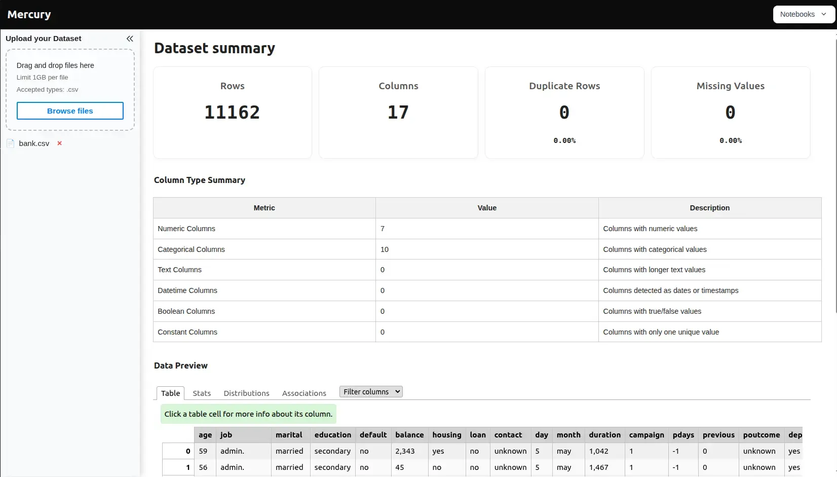 CSV Dataset Summarizer app in Mercury — indicators, column type table, and interactive data preview visible after uploading a CSV file
