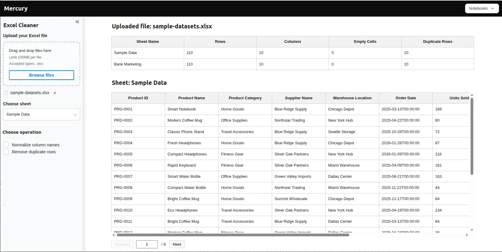 Excel Cleaner app in Mercury — uploaded file name, sheets overview table, sheet selector, original data preview, cleaning checkboxes in the sidebar, and the cleaned results table