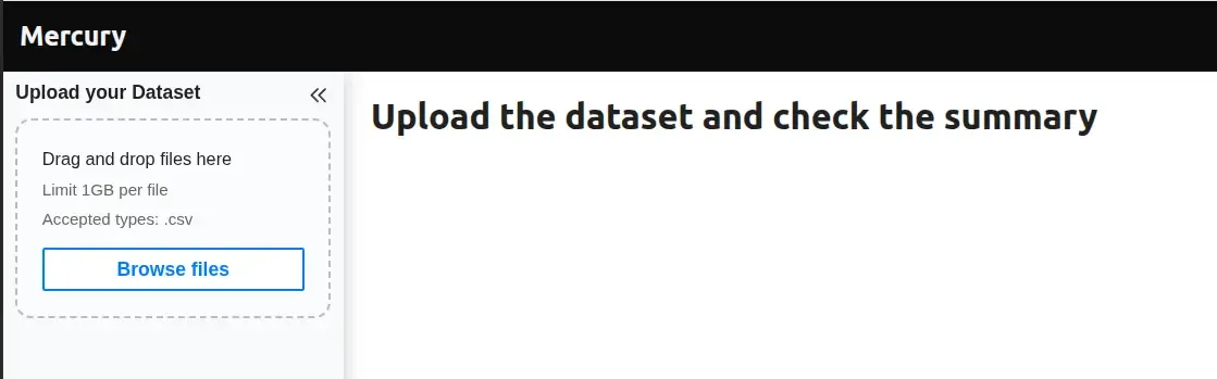 CSV Dataset Summarizer app before upload — welcome heading and file upload button visible in the sidebar