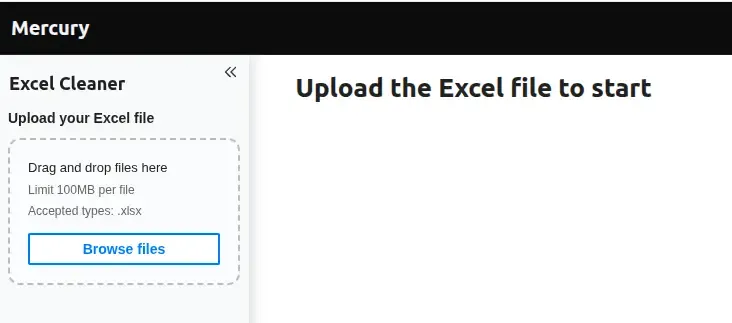 Excel Cleaner app before upload — welcome heading and file upload button visible in the sidebar