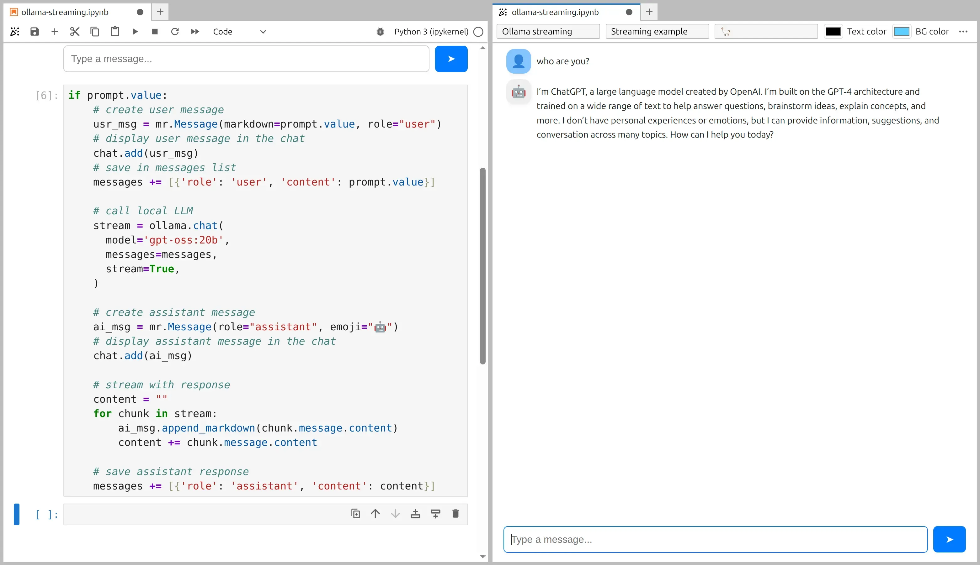 Streaming prompt code: appending tokens to the assistant message in Mercury