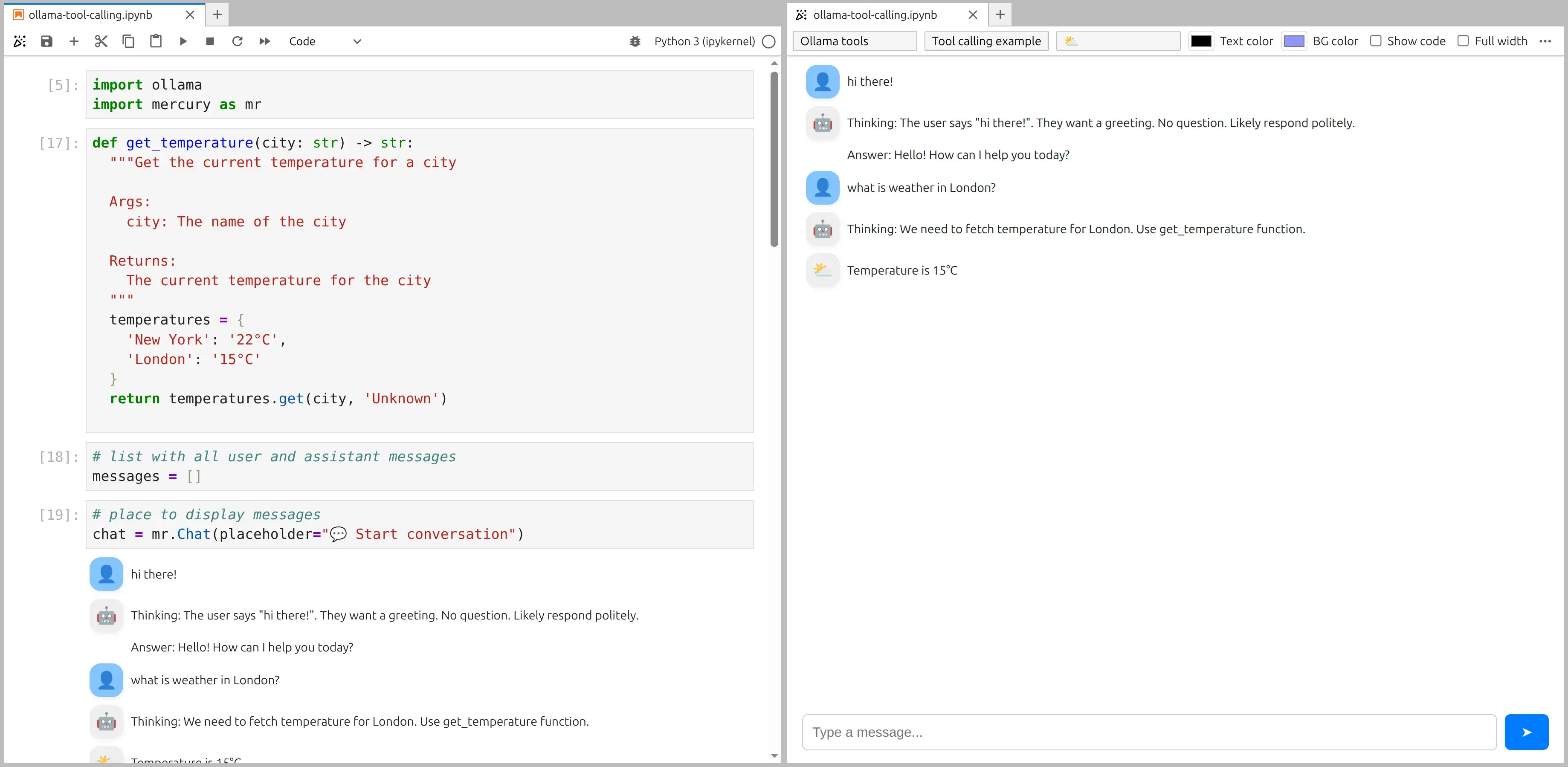 Tool calling chat web application preview in Jupyter