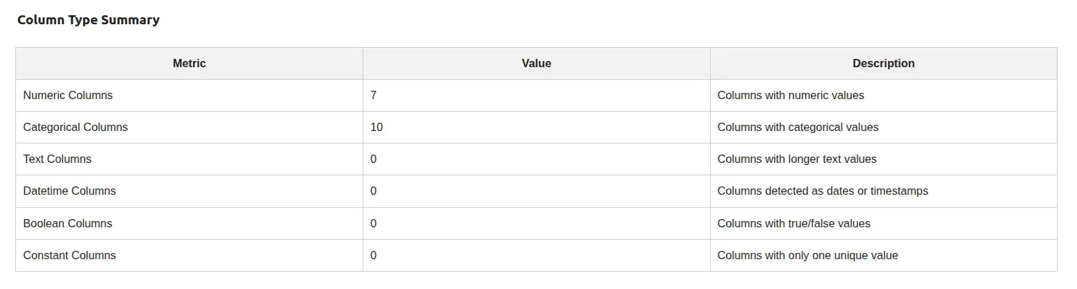 Column Type Summary table with three columns: Metric, Value, and Description — listing numeric, categorical, text, datetime, boolean, and constant column counts