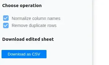 Download as CSV button in the sidebar, shown under a Download edited sheet heading