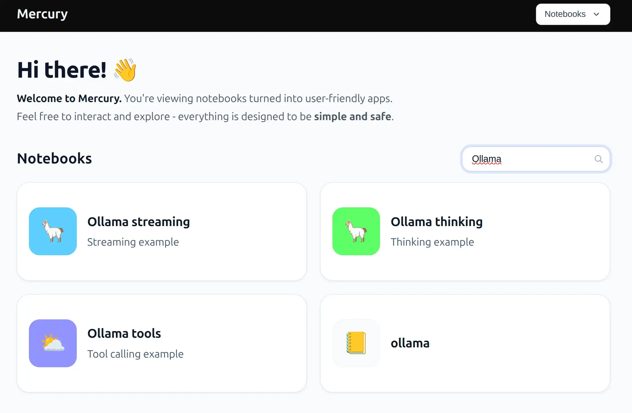 Notebooks view in Mercury