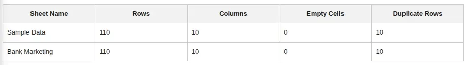 Sheets overview table with columns Sheet Name, Rows, Columns, Empty Cells, and Duplicate Rows — one row per sheet in the uploaded Excel file