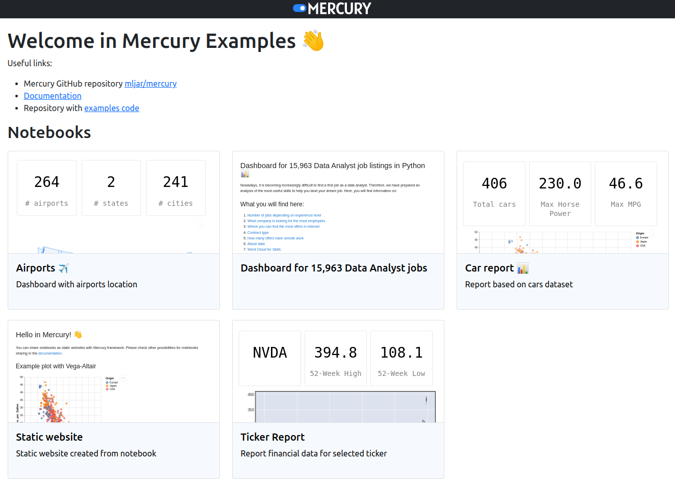 Home View with many notebooks served with Mercury