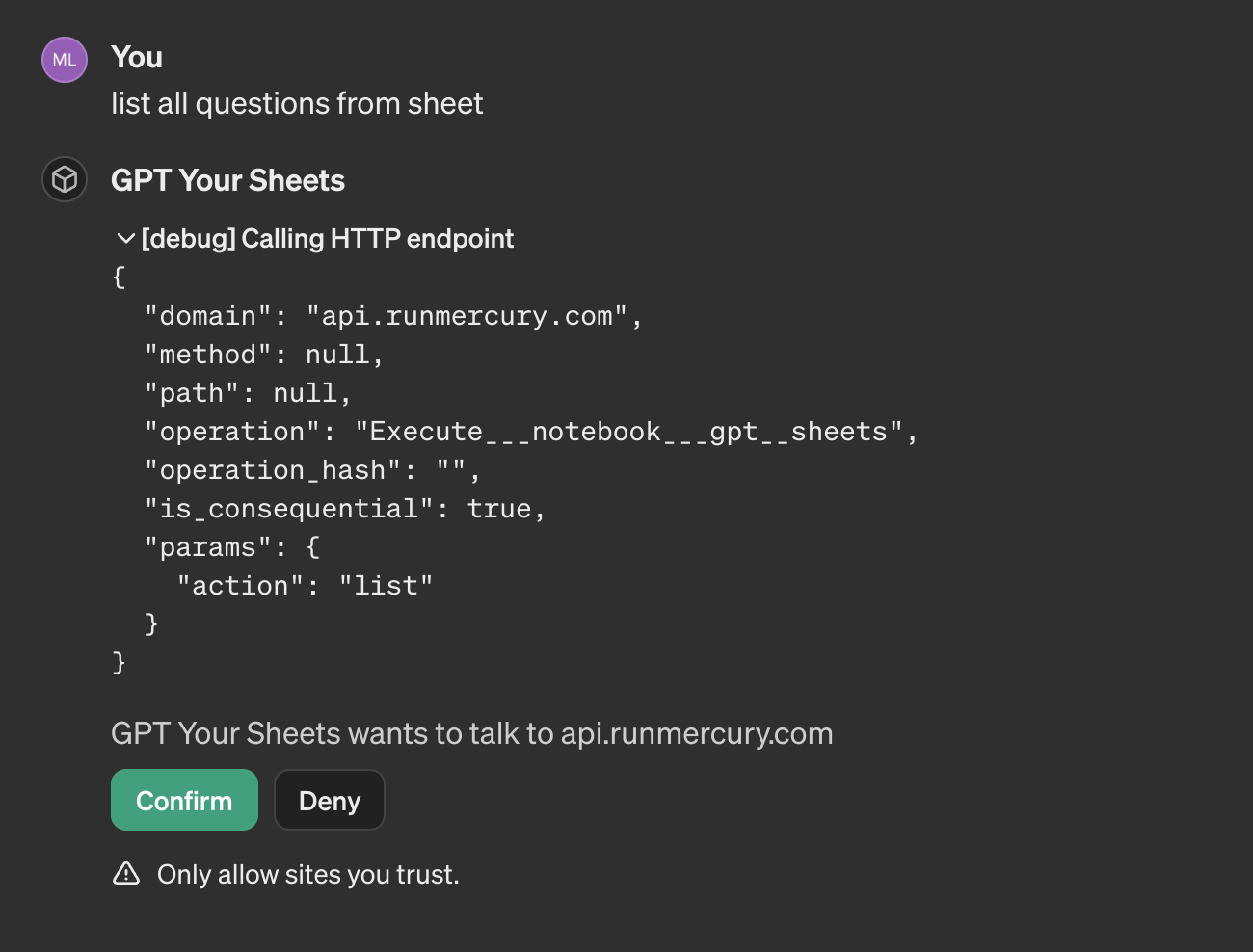 ChatGPT confirm request to access sheets