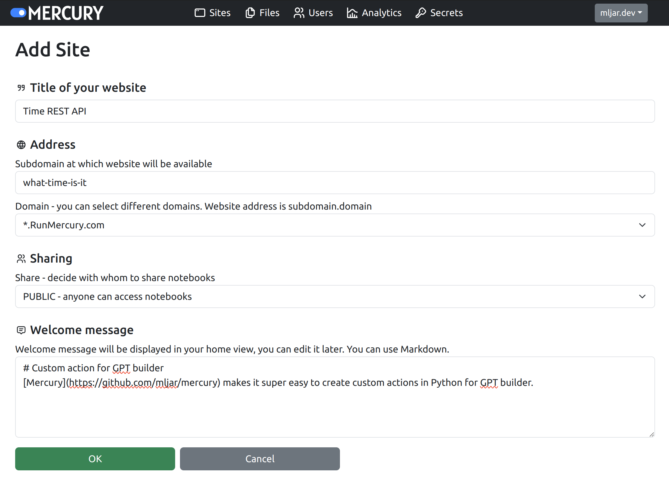 Create new site in Mercury Cloud to serve notebooks