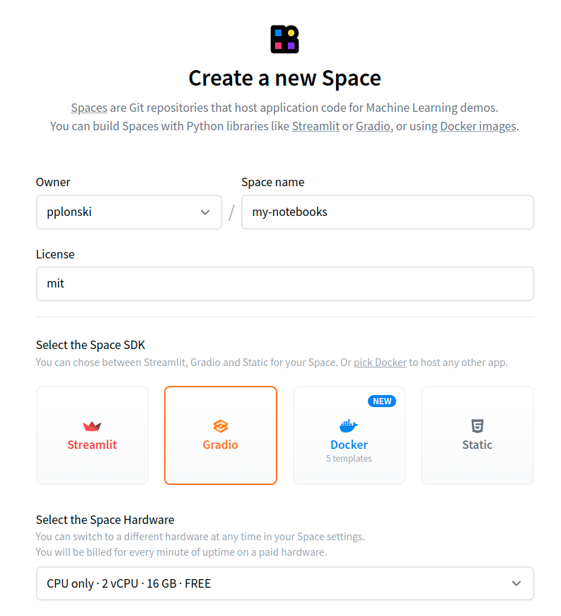 Create a new Space at Hugging Face