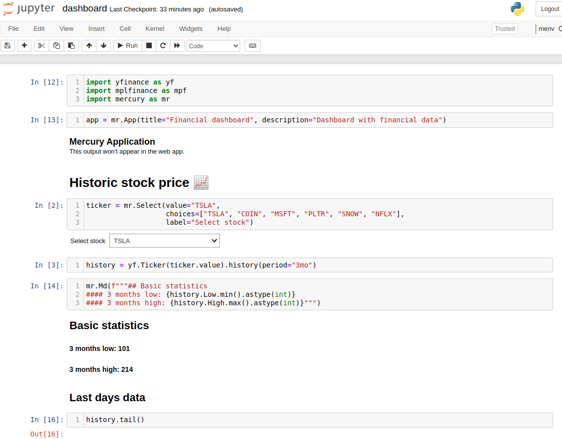 Python notebook with dashboard code