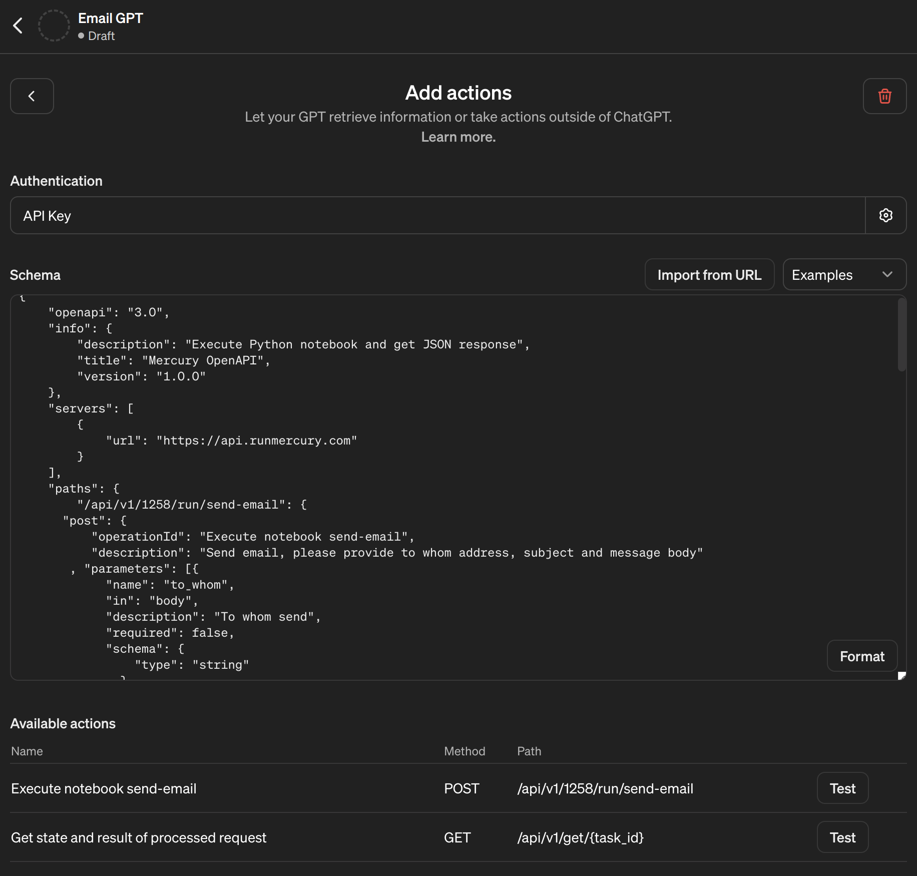 Configure GPT builder with OpenAPI schema