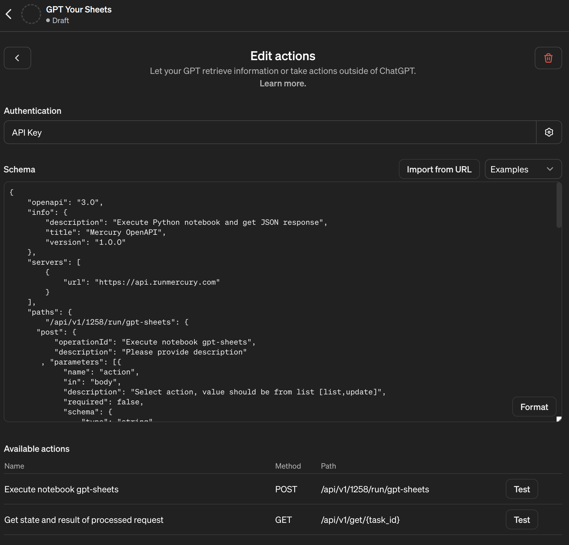 Configure ChatGPT with OpenAPI schema from Mercury