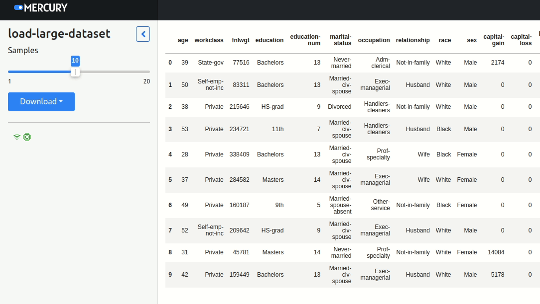 Mercury App for loading large dataset