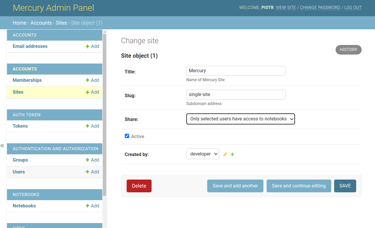 Set share to private for Mercury Site