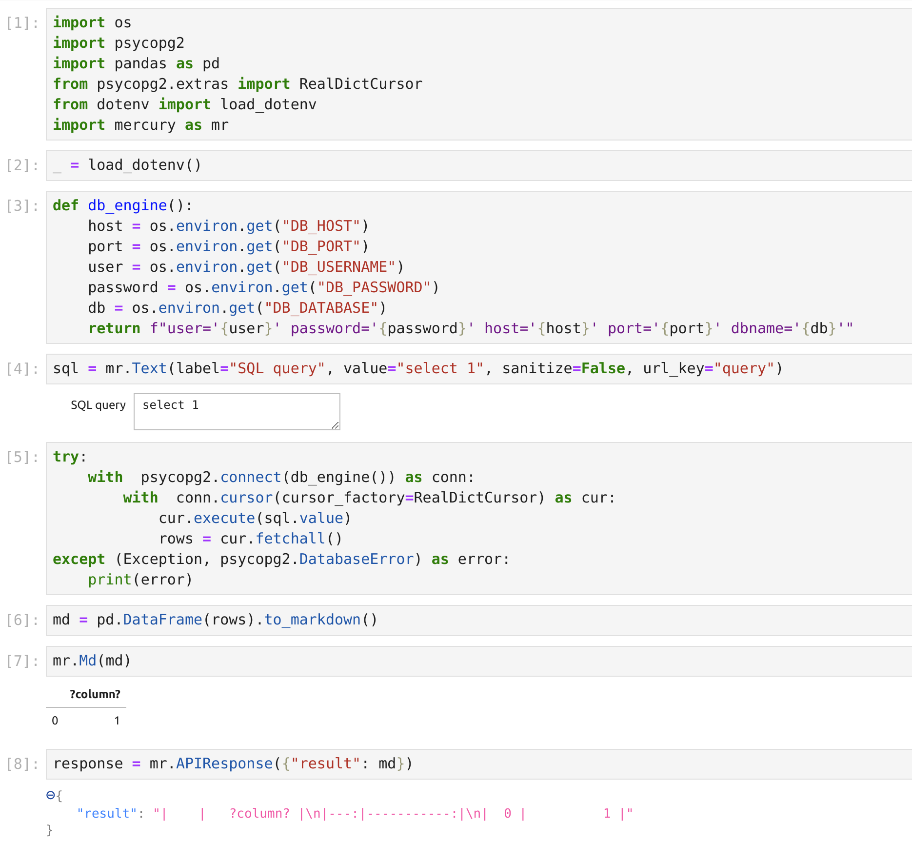 Full code to query database in the notebook