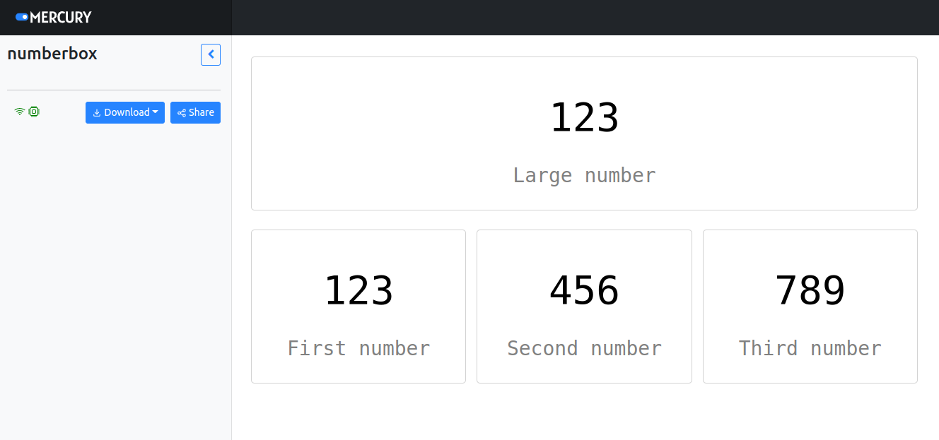 Mercury App with NumberBoxes created from Python notebook