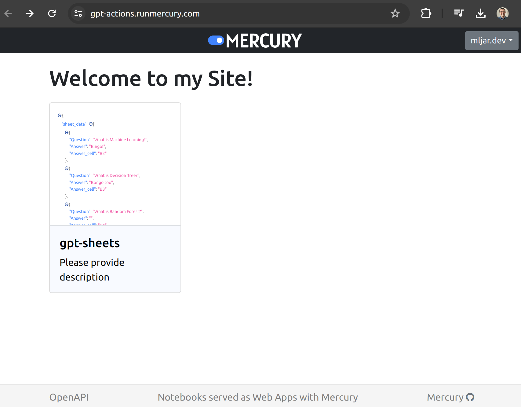 Site in Mercury with OpenAPI link in the footer