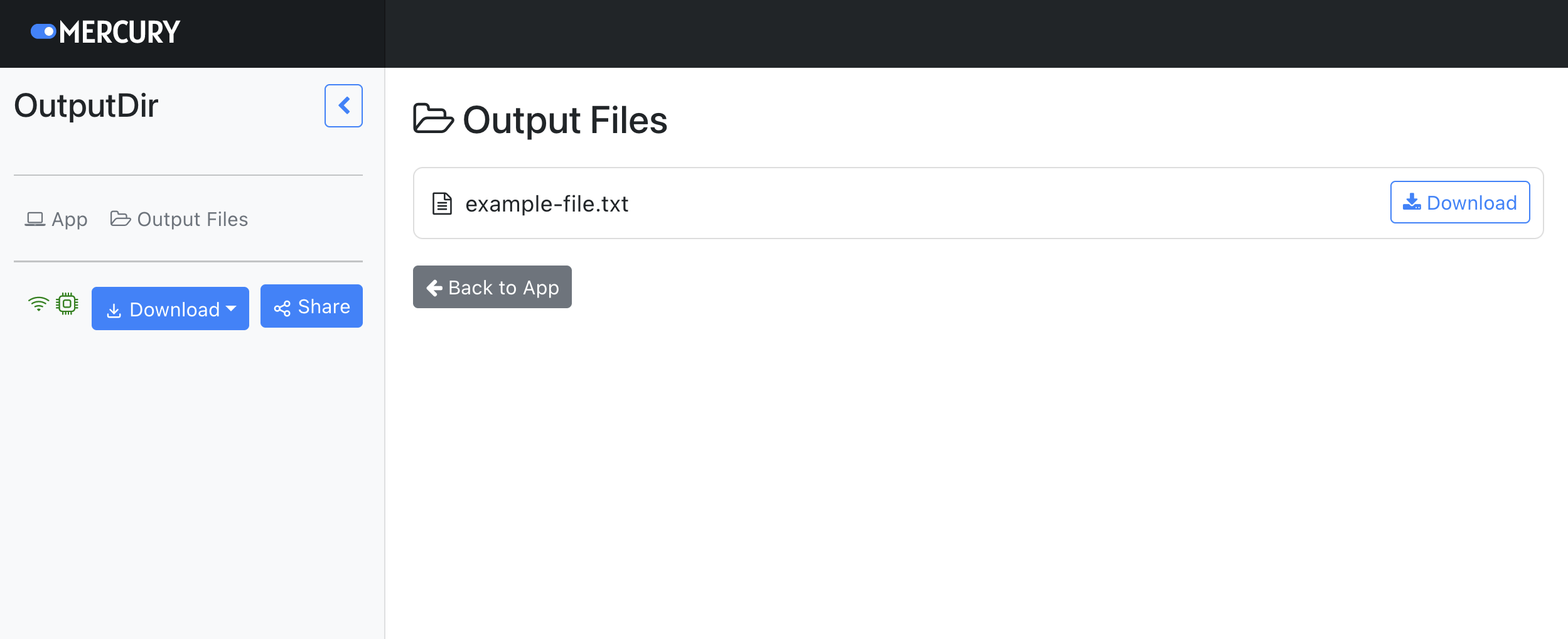 Example Mercury App with OutputDir widget and output file