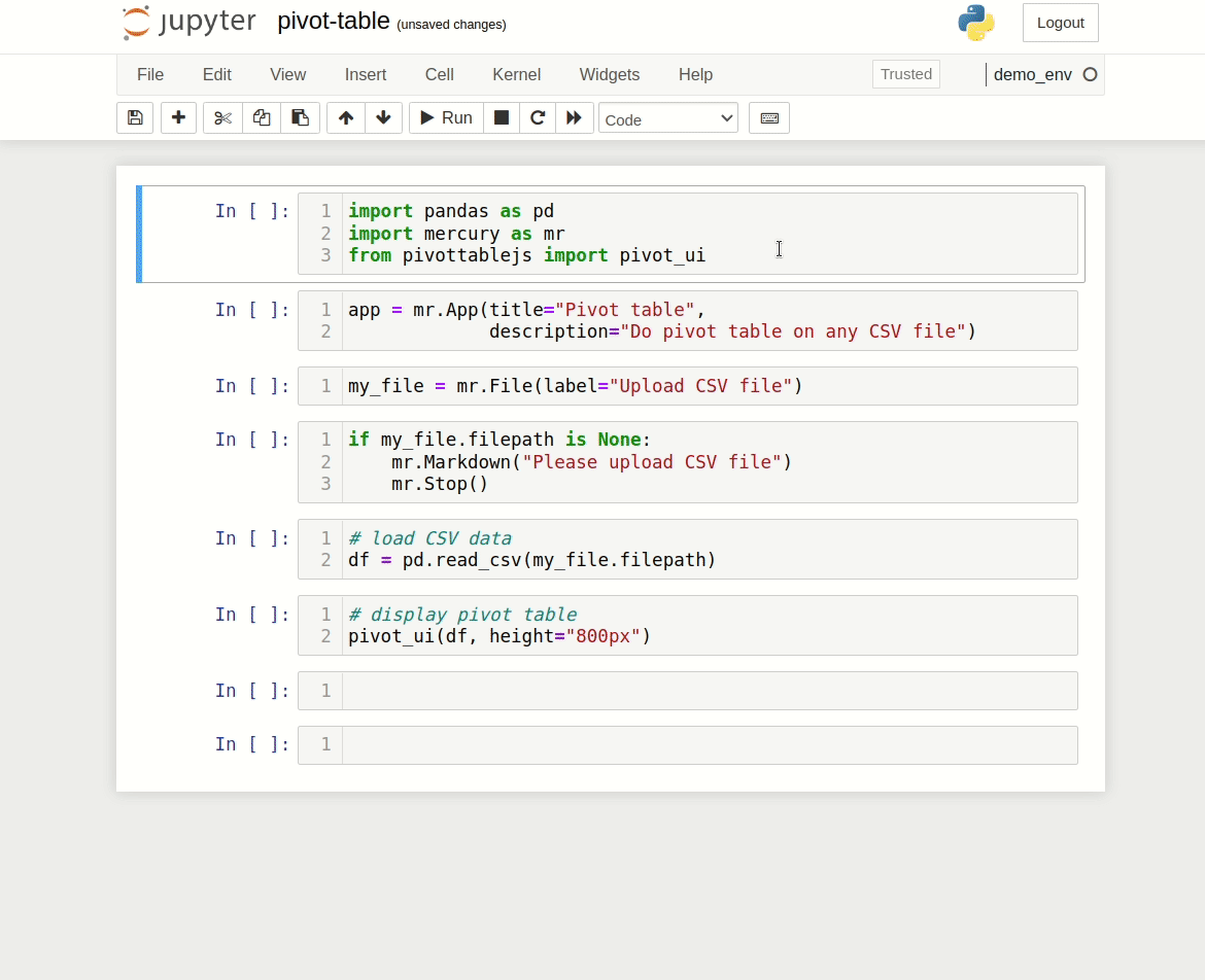 Use pivot table in Jupyter Notebook and Mercury