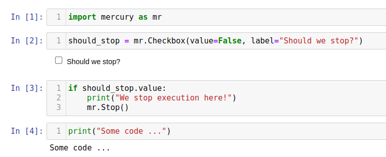 Python notebook with code for cells execution stop