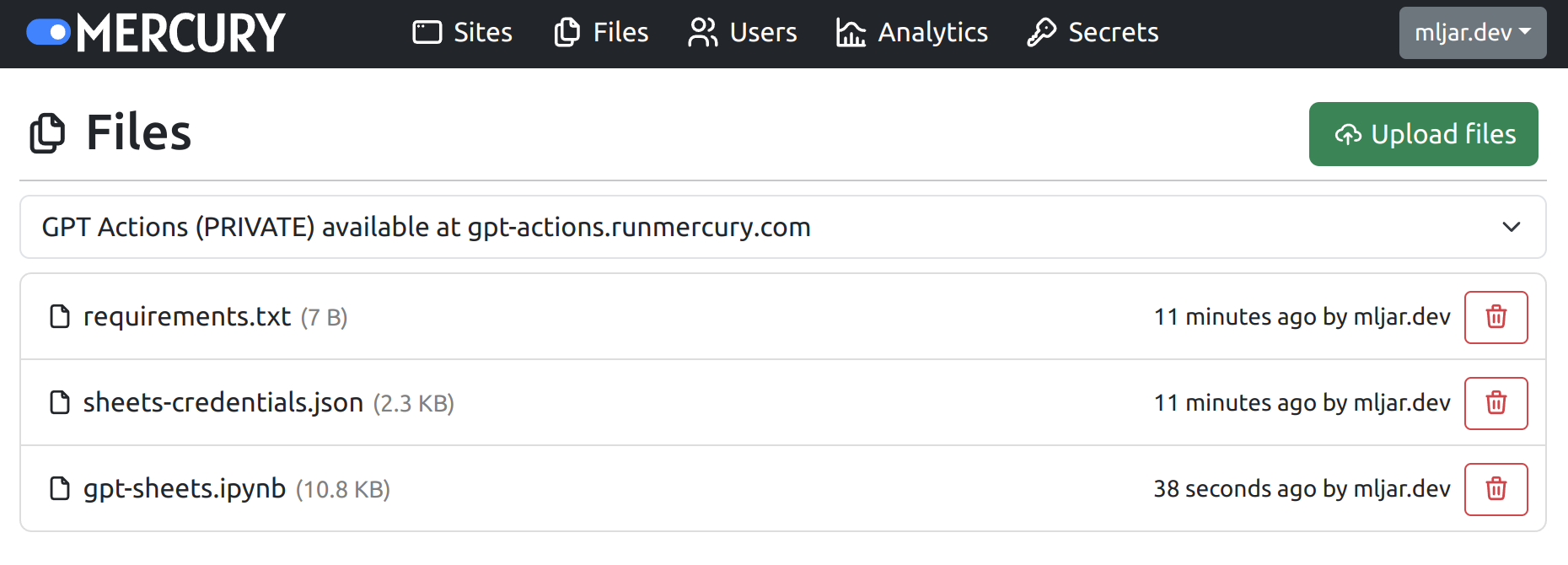 Uploaded files to make ChatGPT integration with Google Sheets in Mercury Cloud