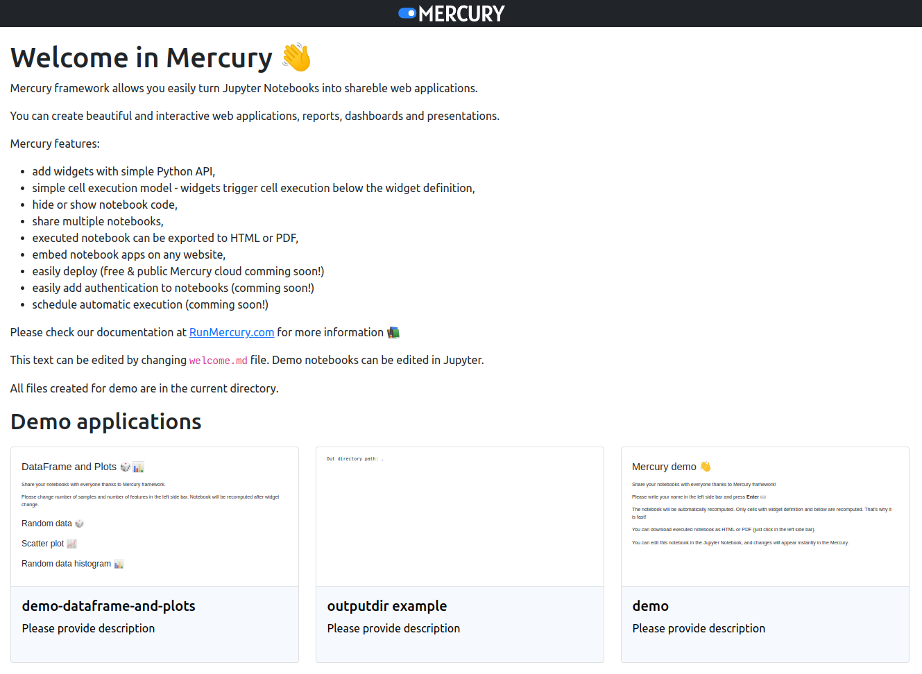 Mercury Site with custome welcome message