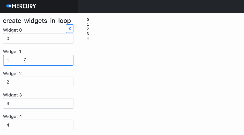 Mercury App with widgets created in the loop